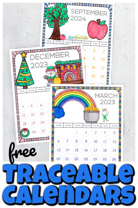 Free printable traceable calendars for kids