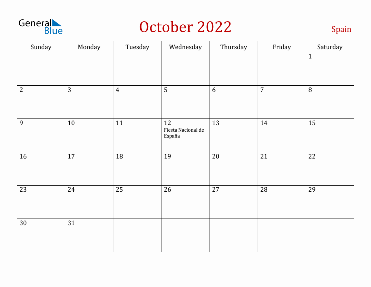 October spain monthly calendar with holidays