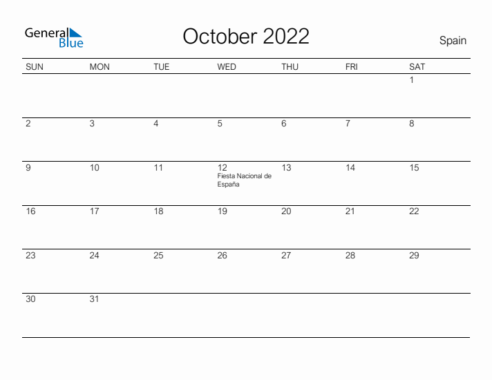 October monthly calendar with spain holidays