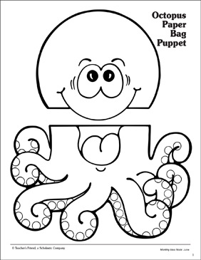 Octopus paper bag puppet pattern printable arts and crafts skills sheets