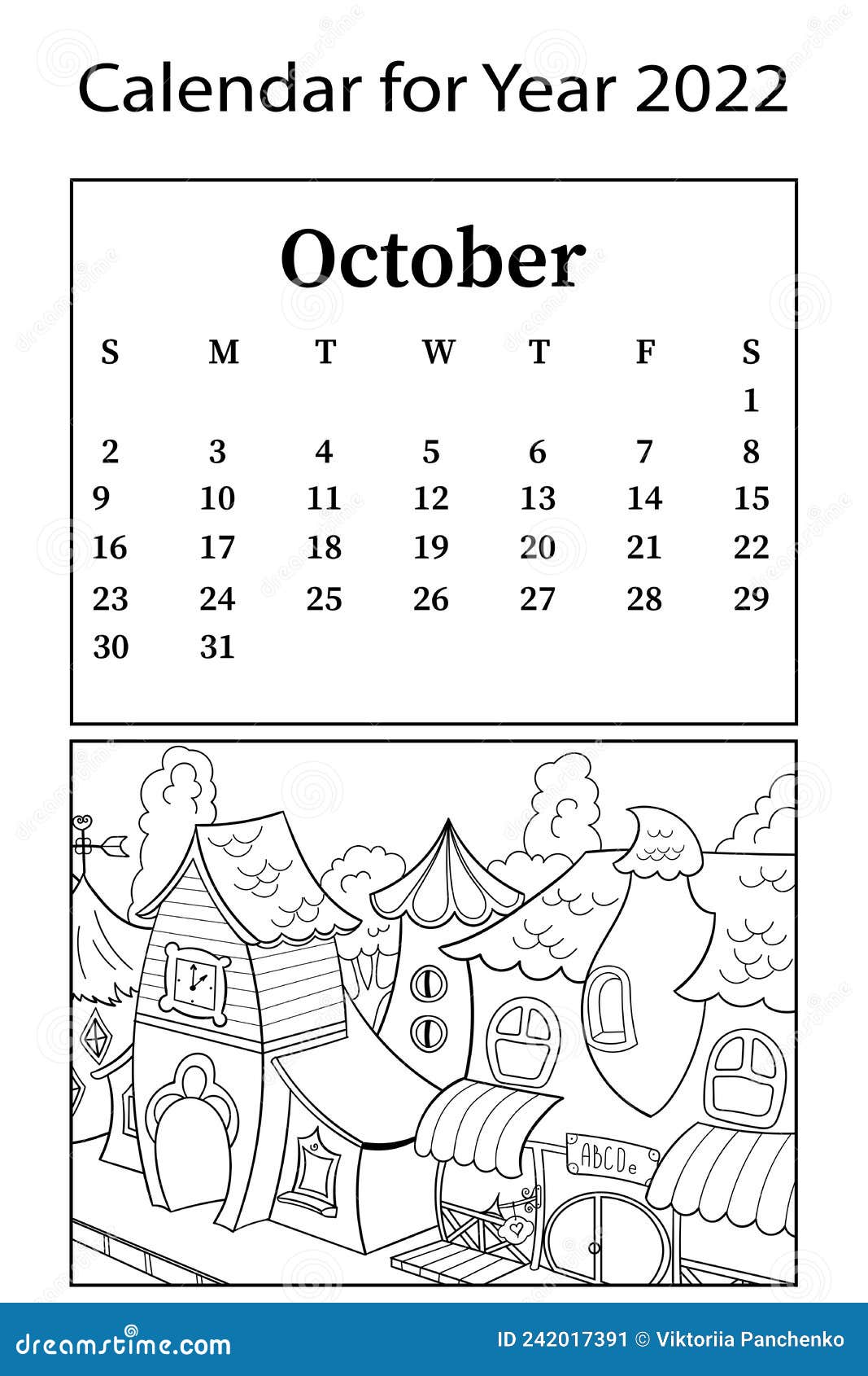 Calendario para m de octubre libro de coloreado vectorial casas infantil para la calle de la ciudad de gnom ilustraciãn del vector