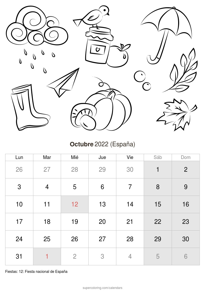 Calendario octubre para imprimir espaãa