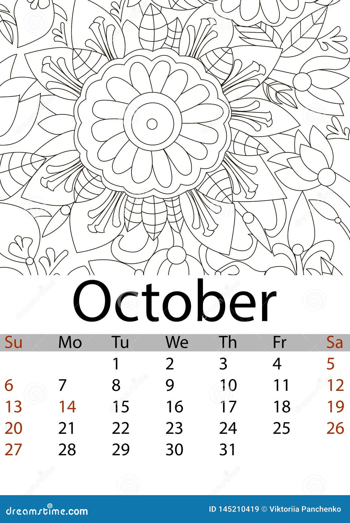 Calendar october month antistress coloring flower mandala patterns raster stock illustration
