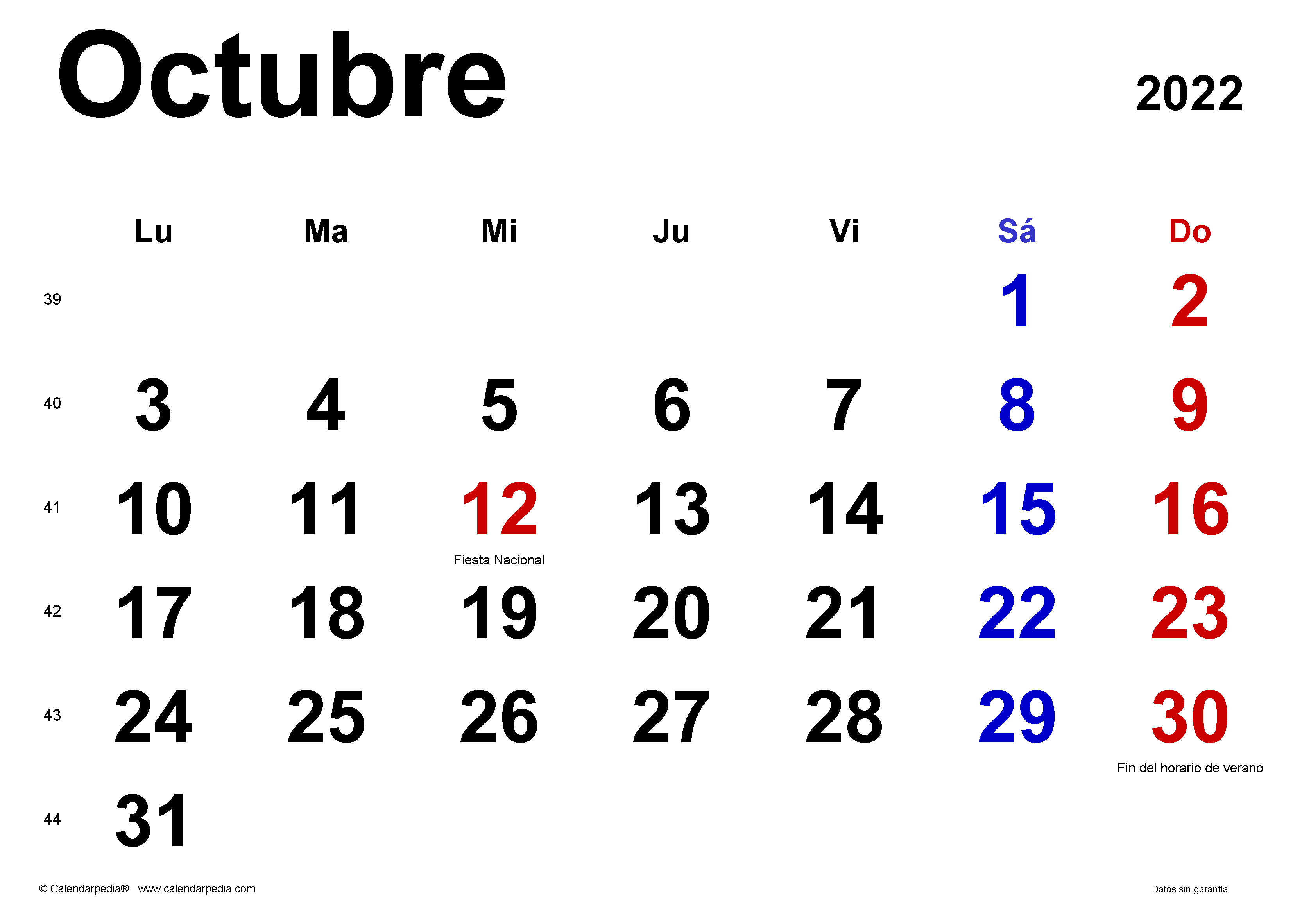 Calendario octubre en word excel y pdf