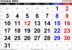 Calendario octubre en word excel y pdf