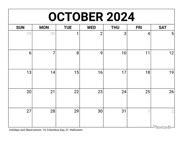 October calendars free printable with holidays