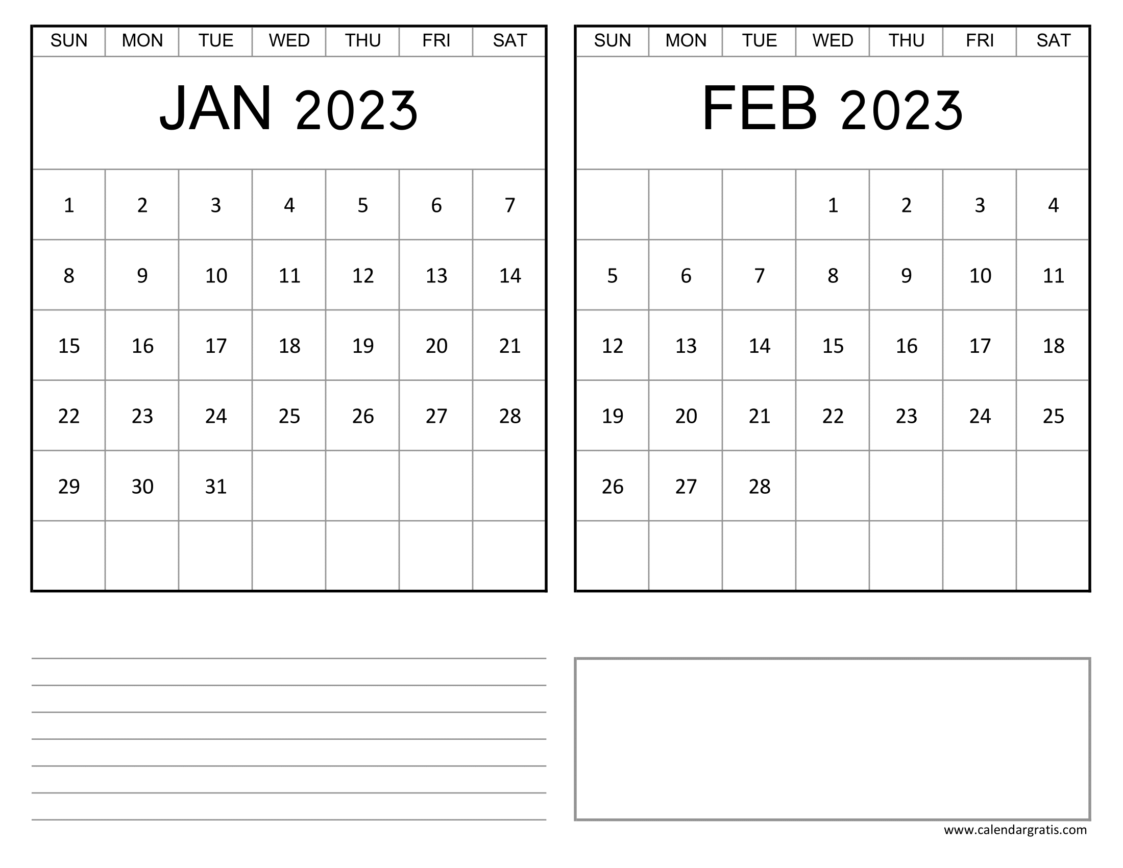 January february calendar printable template two