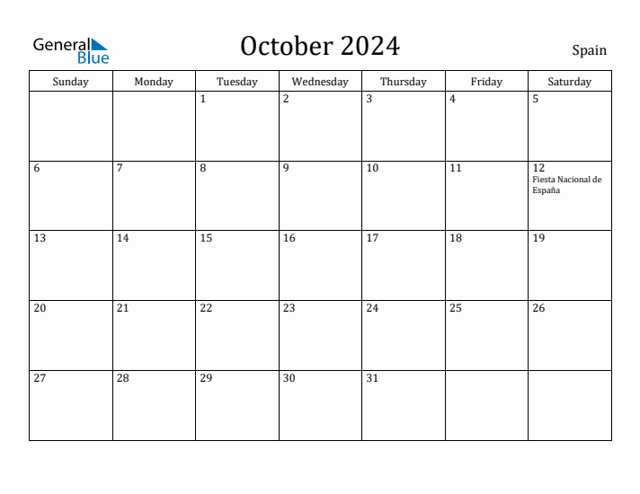 October monthly calendar with spain holidays