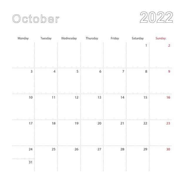 Calendario de pared simple para octubre de con lãneas de puntos el calendario tã en inglãs la semana comienza el lun vector premium