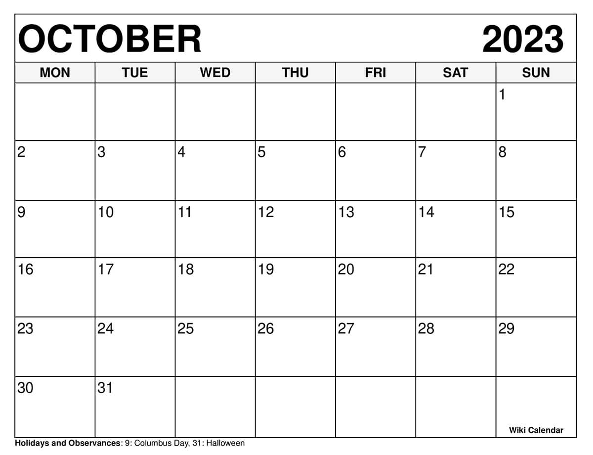 Printable october calendar templates with holidays