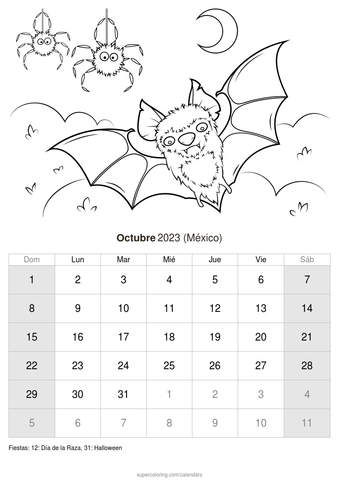 Calendario octubre para imprimir mãxico