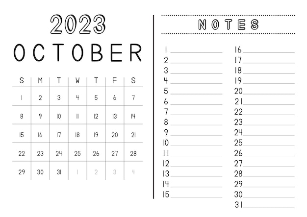 Calendario mensual octubre vector premium