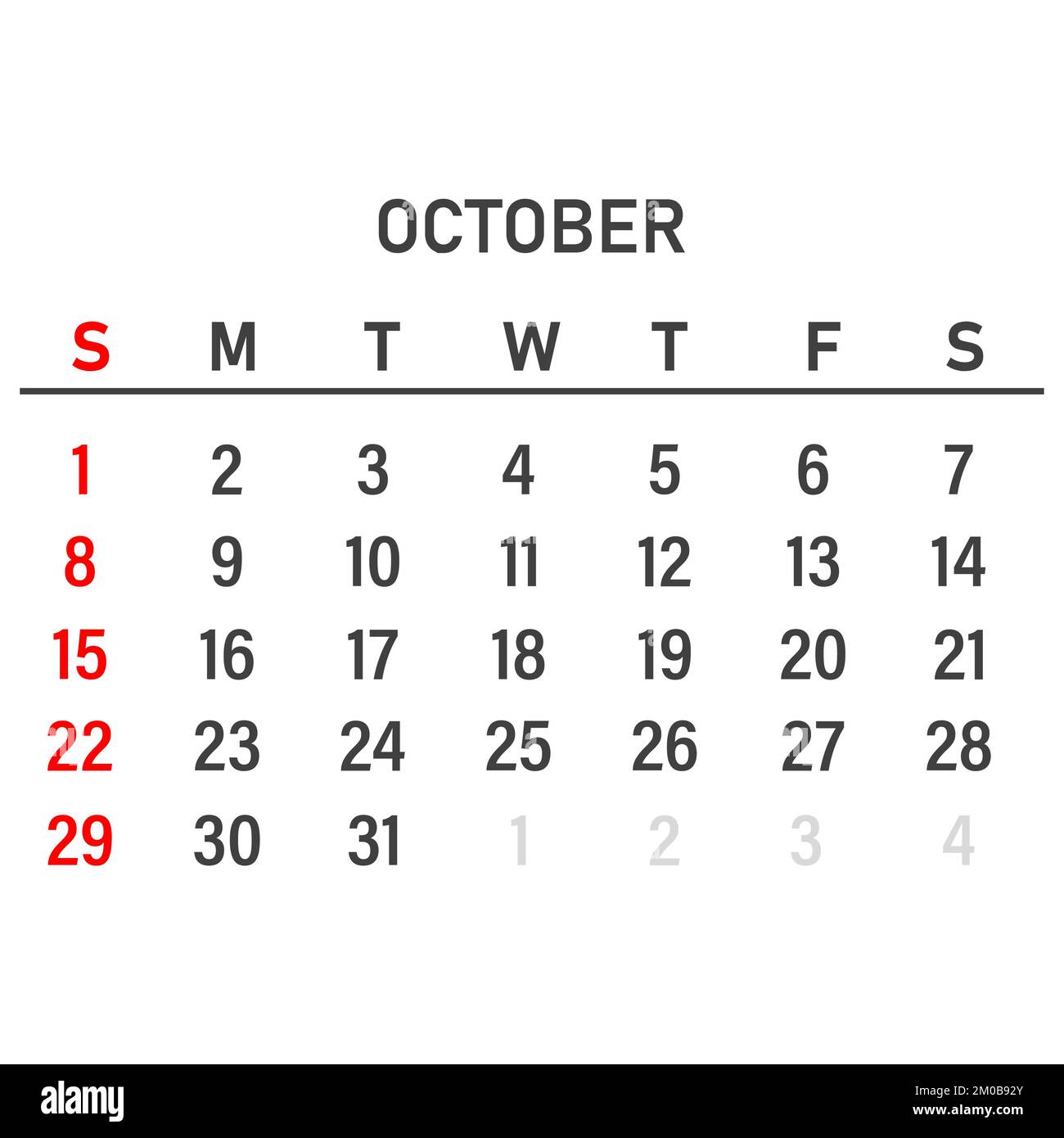 Plantilla de calendario para octubre de diseão para el aão de octubre planificador mensual imprimible diseão de calendario de critorio comienzo de la semana el domingo imagen vector de stock