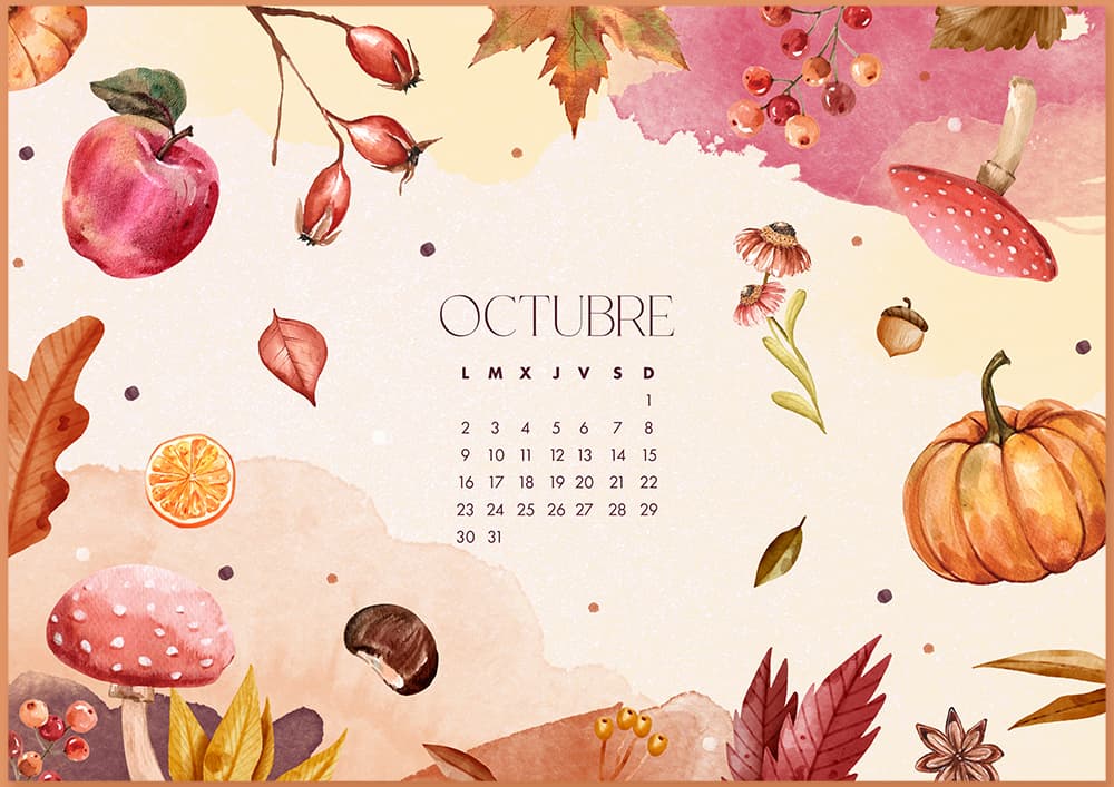 Calendario octubre imprimible y fondo de pantalla