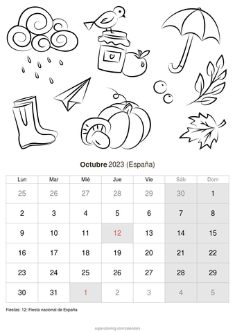 Calendario octubre para imprimir espaãa