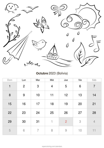 Calendario octubre para imprimir bolivia