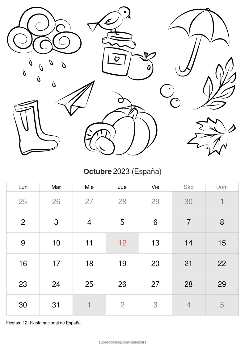 Calendario octubre para imprimir espaãa