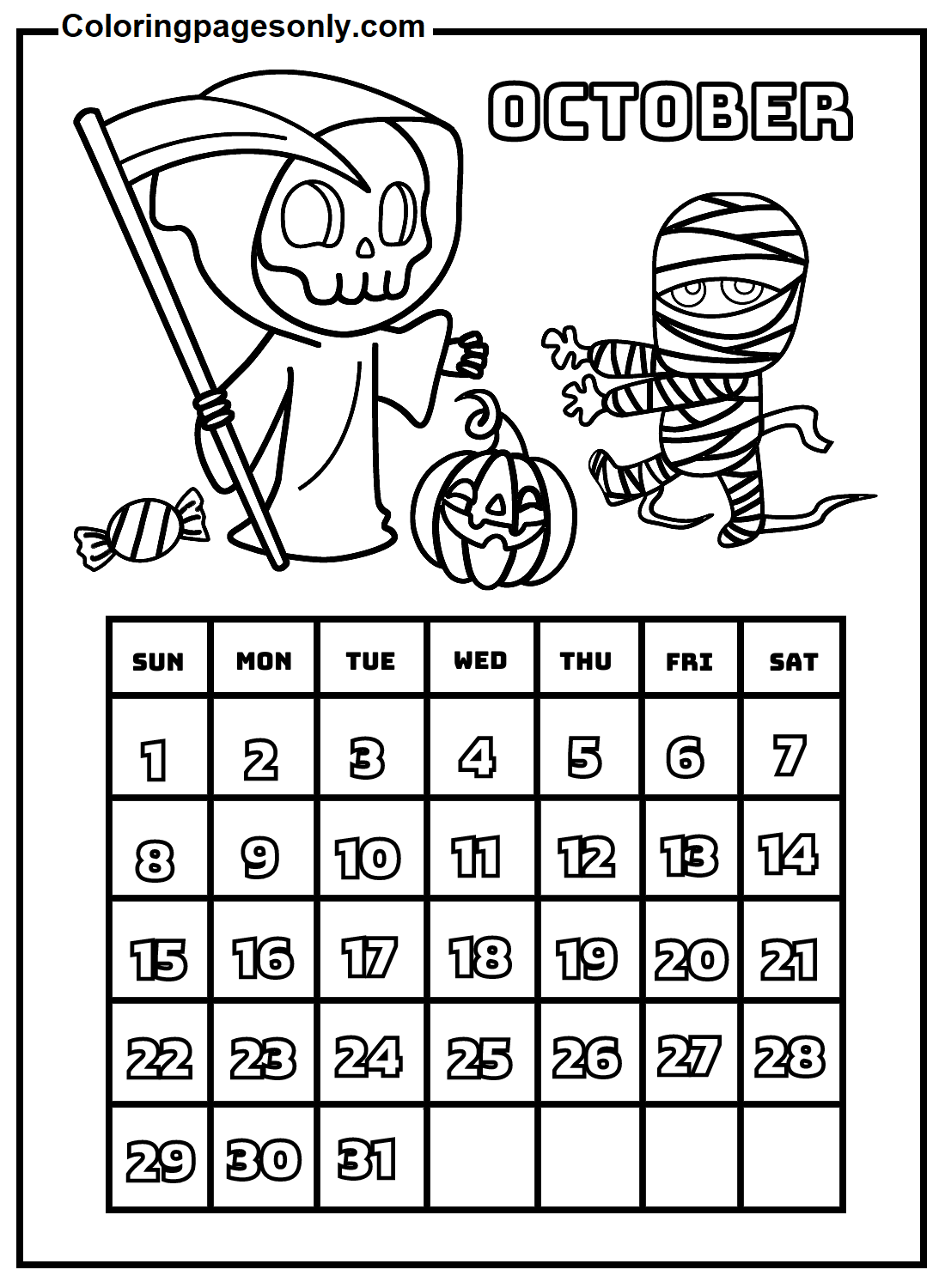 Dibujo de calendario octubre para colorear