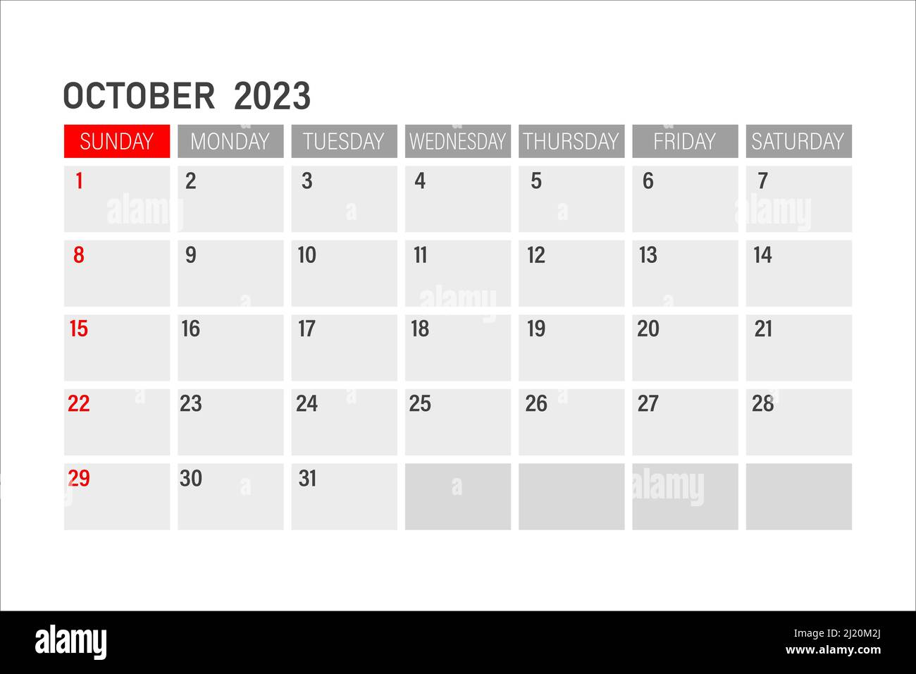 Plantilla de calendario para octubre de diseão para el aão de octubre planificador mensual imprimible diseão de calendario de critorio comienzo de la semana el domingo imagen vector de stock