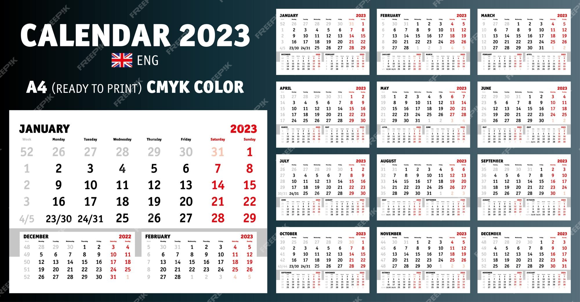 Calendario inglãs a listo para imprimir color cmyk calendario de pared a para imprimir cmyk vector premium