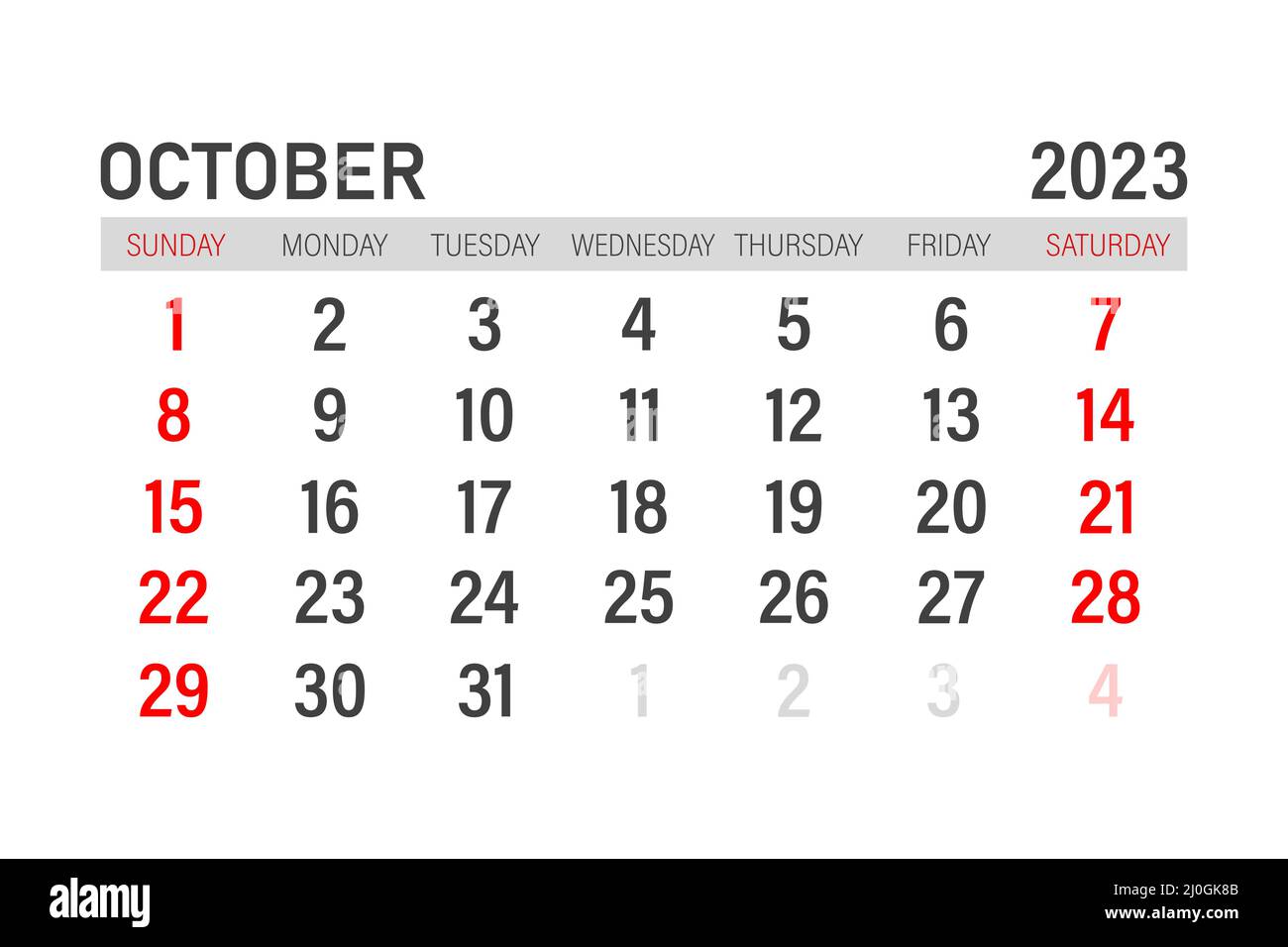 Plantilla de calendario para octubre de diseão para el aão de octubre planificador mensual imprimible diseão de calendario de critorio comienzo de la semana el domingo imagen vector de stock