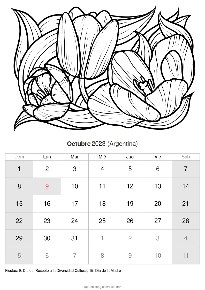 Calendario octubre para imprimir argentina