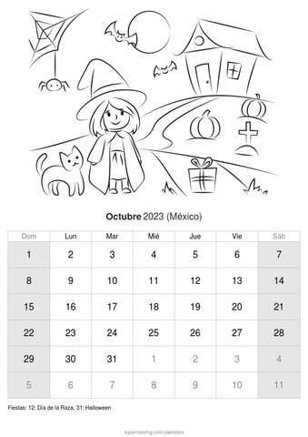 Calendario octubre para imprimir mãxico