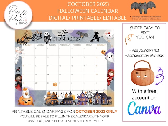 Calendario octubre pãgina del calendario temãtico de halloween editable mensual imprimible pãgina del planificador de octubre para estudiantes para niãos halloween espeluznante