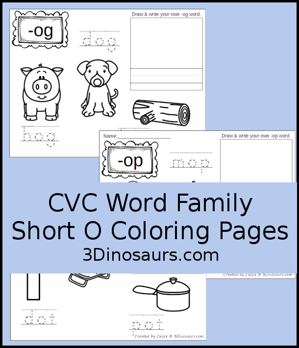 Free cvc word family coloring pages short o vowel dinosaurs