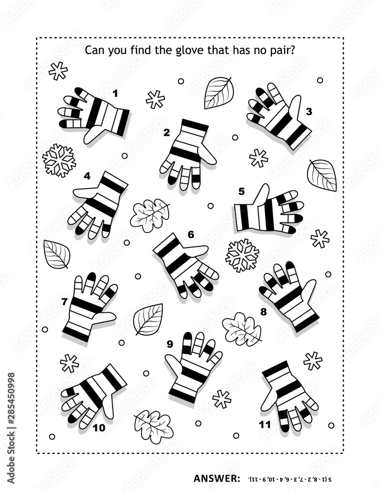 Puzzle and coloring page with striped knitted gloves match the pairs spot the odd one out answer included vector