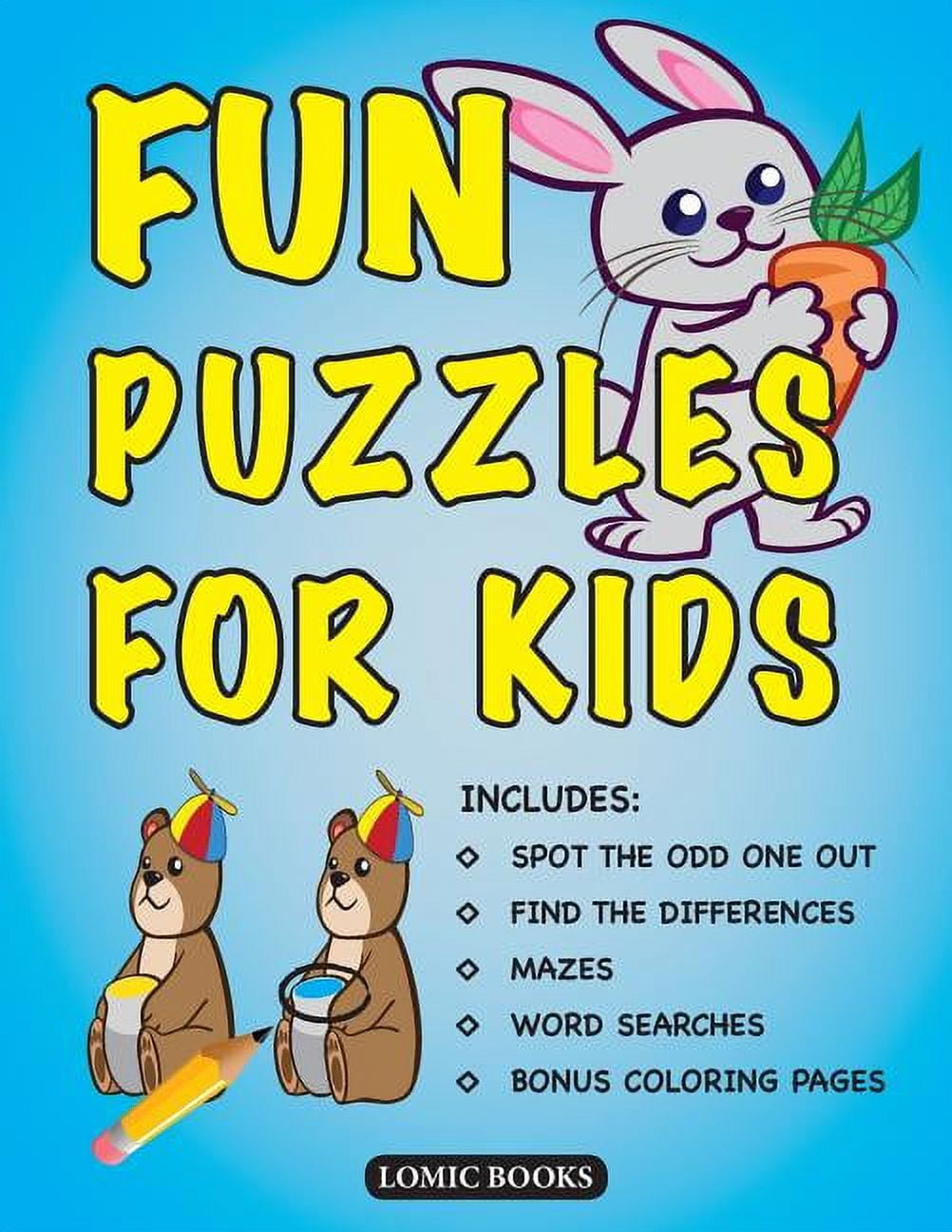 Fun puzzles for kids includes spot the odd one out find the differences mazes word searches and bonus coloring pages