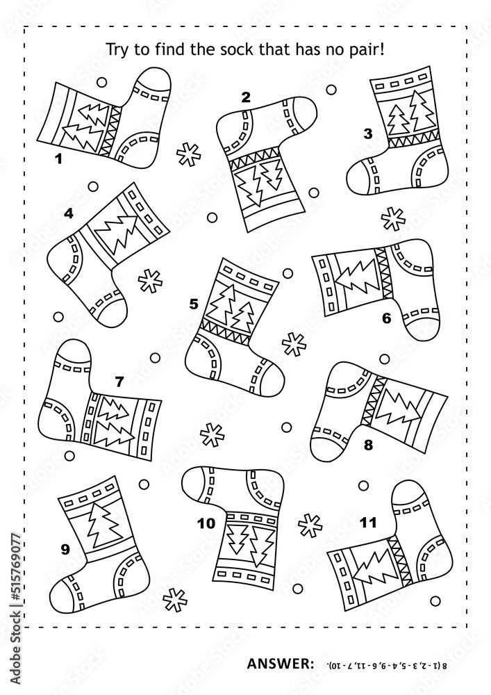 Puzzle and coloring page with socks match the pairs spot the odd one out answer included illustration