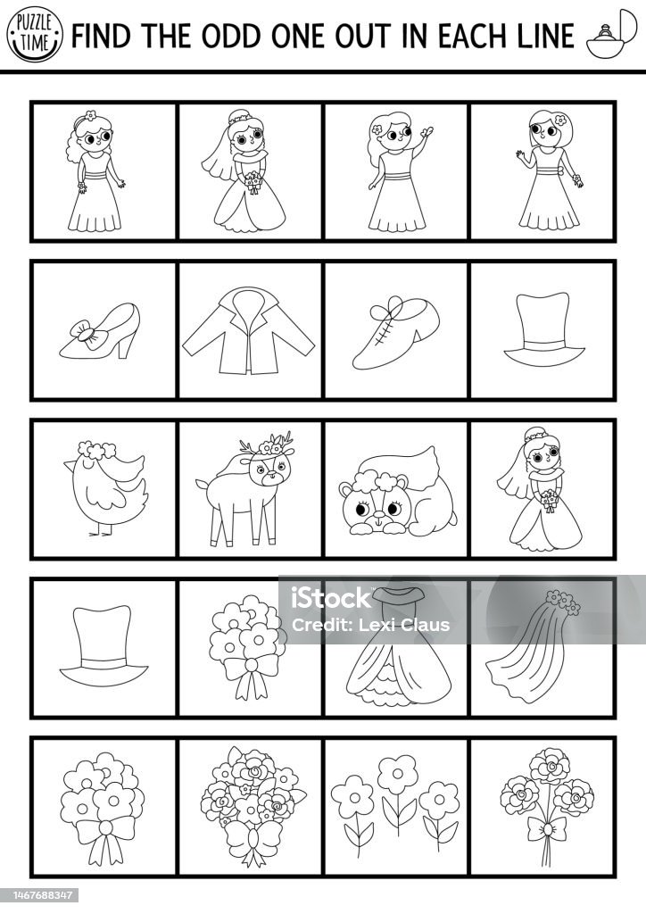 Find the odd one out wedding black and white logical activity for children marriage educational quiz worksheet for kids simple printable game or coloring page with cute bride and groom stock illustration