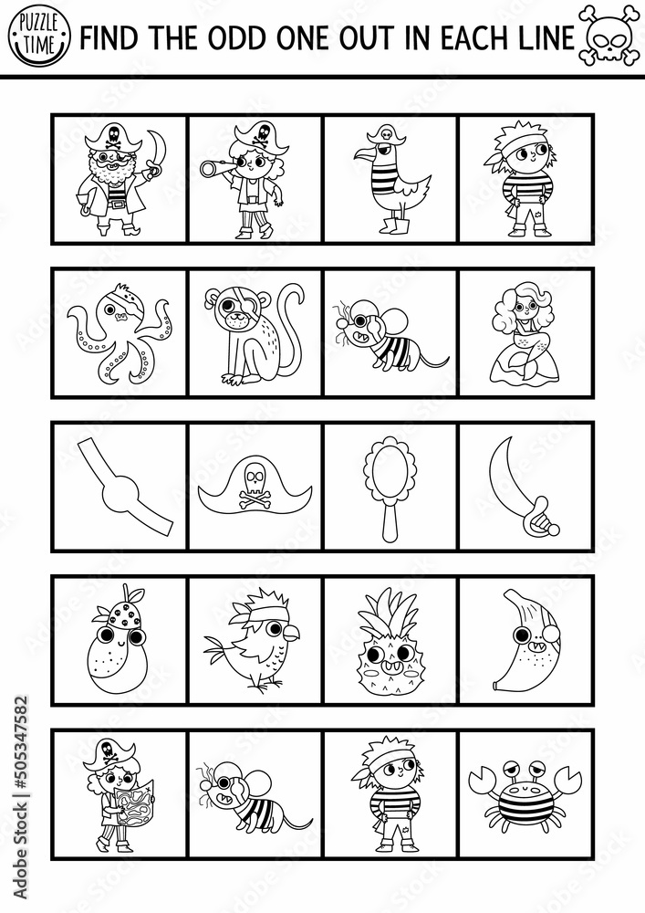 Black and white find the odd one out pirate logical line activity for children treasure island educational quiz worksheet for kids simple sea adventure printable game or coloring page vector