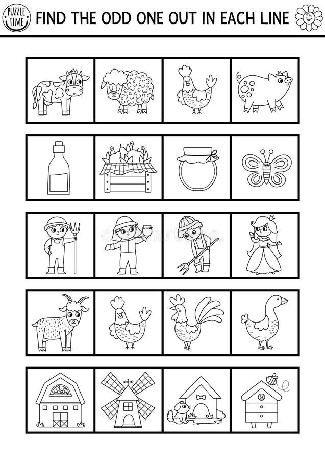 Find the odd one out on the farm black and white logical activity for children stock vector