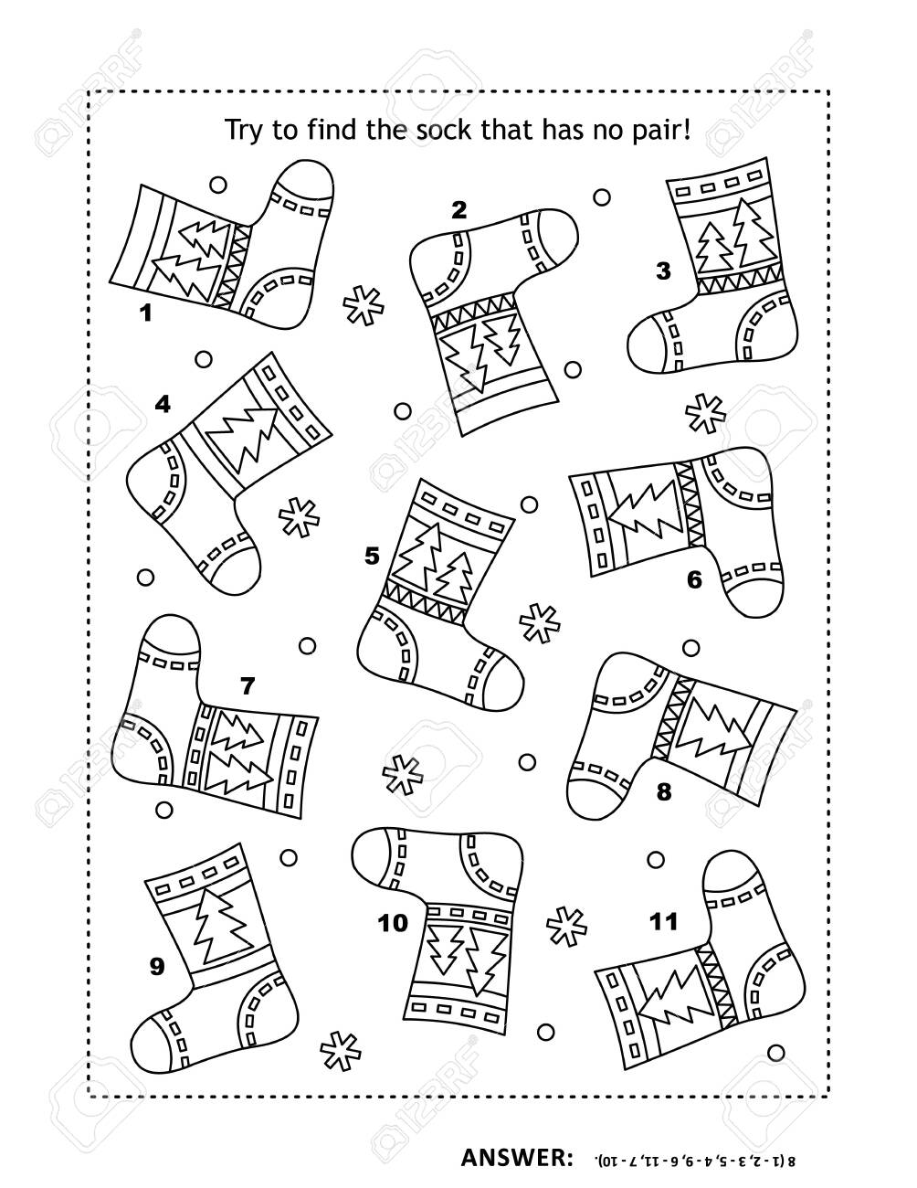 Iq training visual logic puzzle and coloring page with santas or somebodys else socks match the pairs spot the odd one out answer included royalty free svg cliparts vectors and stock illustration