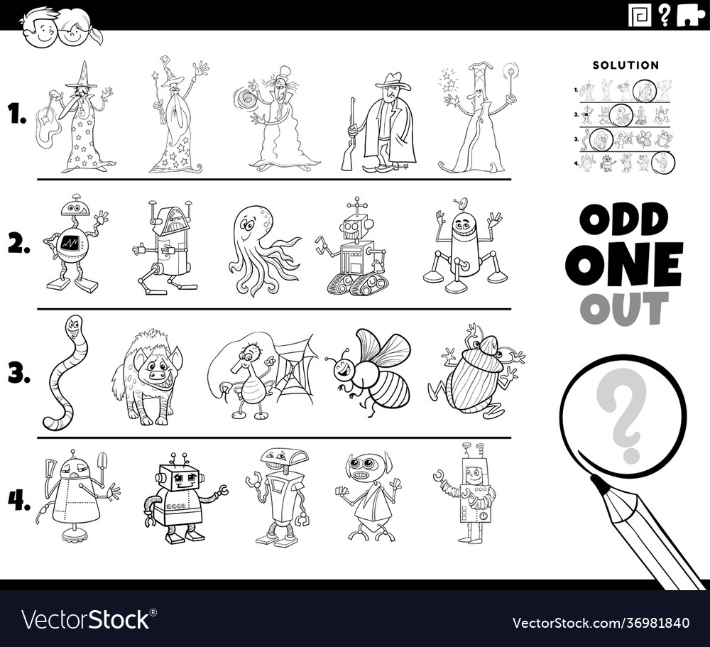 Odd one out character picture coloring book page vector image