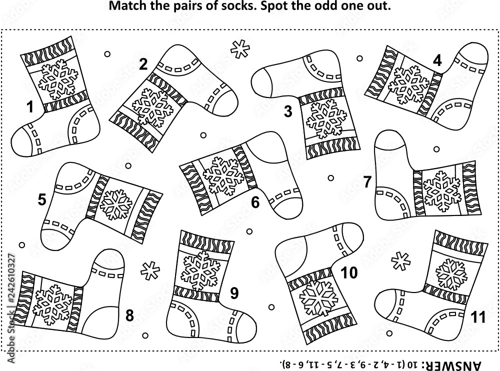 Iq training visual logic puzzle and coloring page with santas or somebodys else knitted socks match the pairs spot the odd one out answer included vector