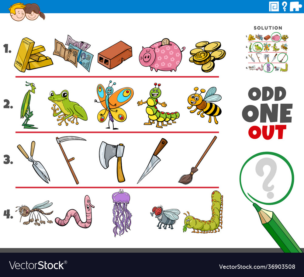 Odd one out picture game with cartoon objects vector image