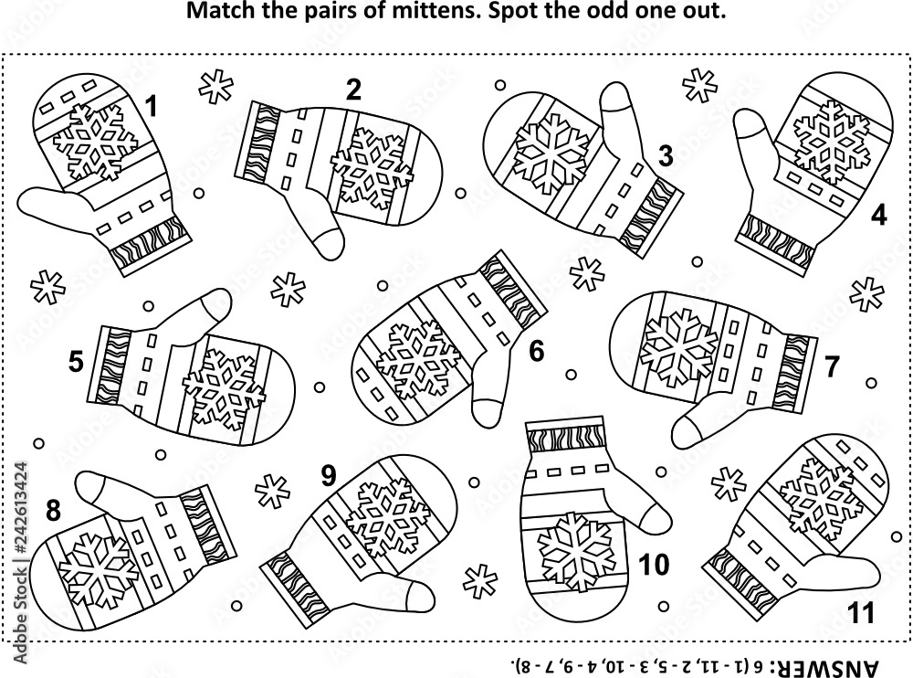 Iq training visual logic puzzle and coloring page with santas or somebodys else knitted mittens match the pairs spot the odd one out answer included vector