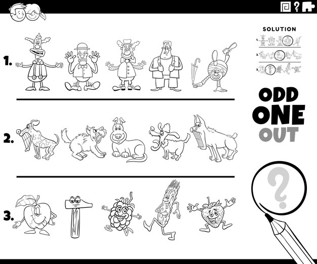 Premium vector odd one out puzzle with cartoon characters coloring page