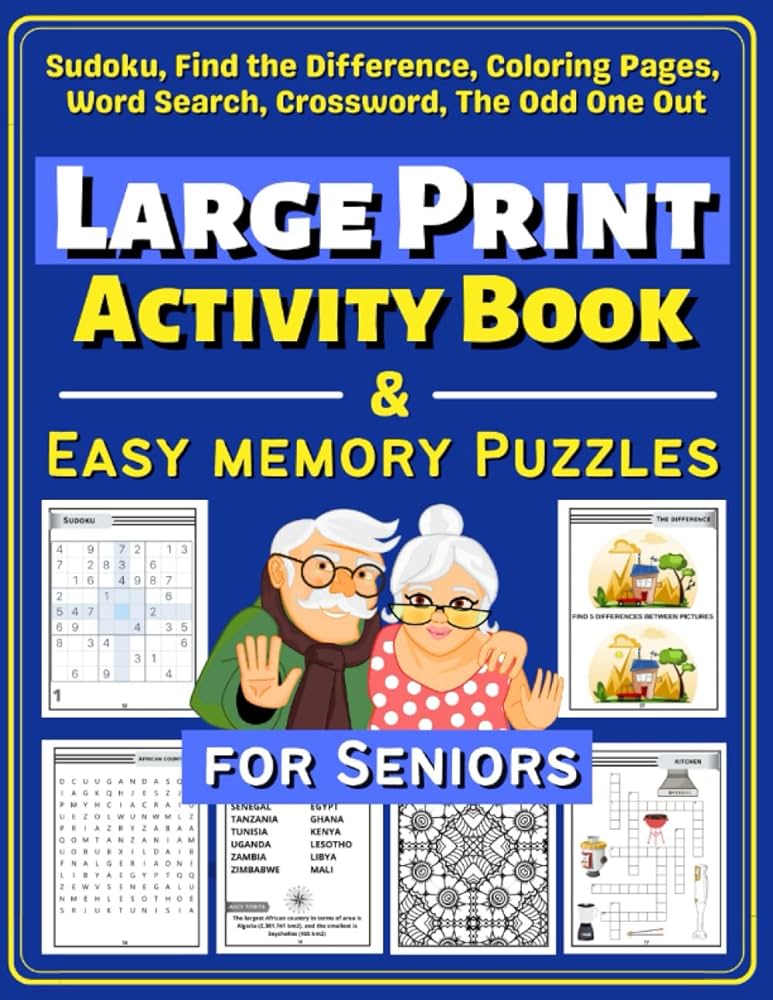 Large print activity book easy memory puzzles for seniors fun and relaxing puzzles for elderly exercises include word search find the difference coloring pages odd one out and crosswords first denmark