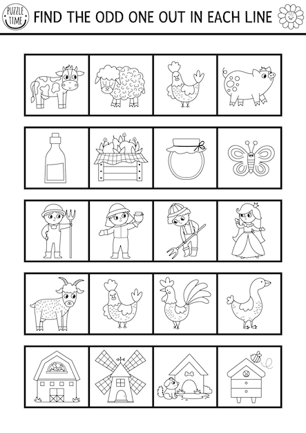 Premium vector find the odd one out on the farm black and white logical activity for children farm coloring page