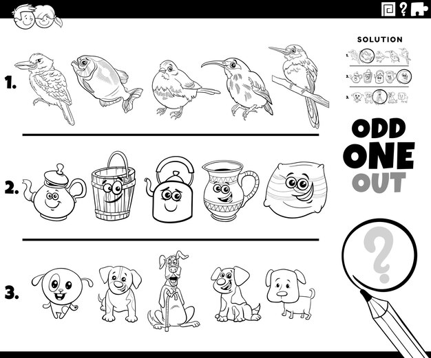 Premium vector odd one out puzzle with cartoon characters coloring page