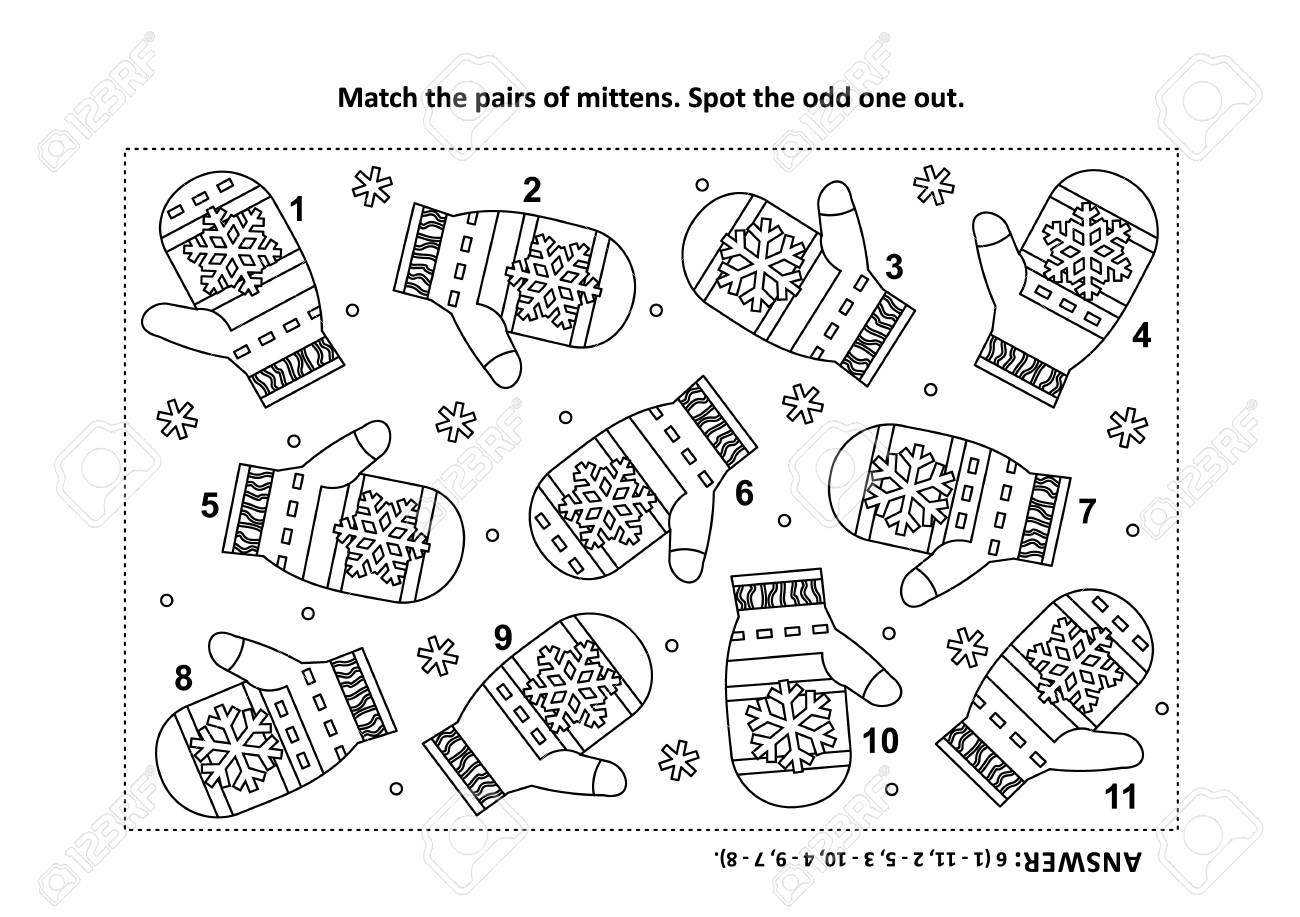 Iq training visual logic puzzle and coloring page with santas or somebodys else knitted mittens match the pairs spot the odd one out answer included royalty free svg cliparts vectors and stock