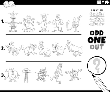 Premium vector odd one out puzzle with cartoon characters coloring page