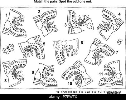 Iq training visual logic puzzle and coloring page with old style boots match the pairs match the pairs spot the odd one out answer included stock vector image art