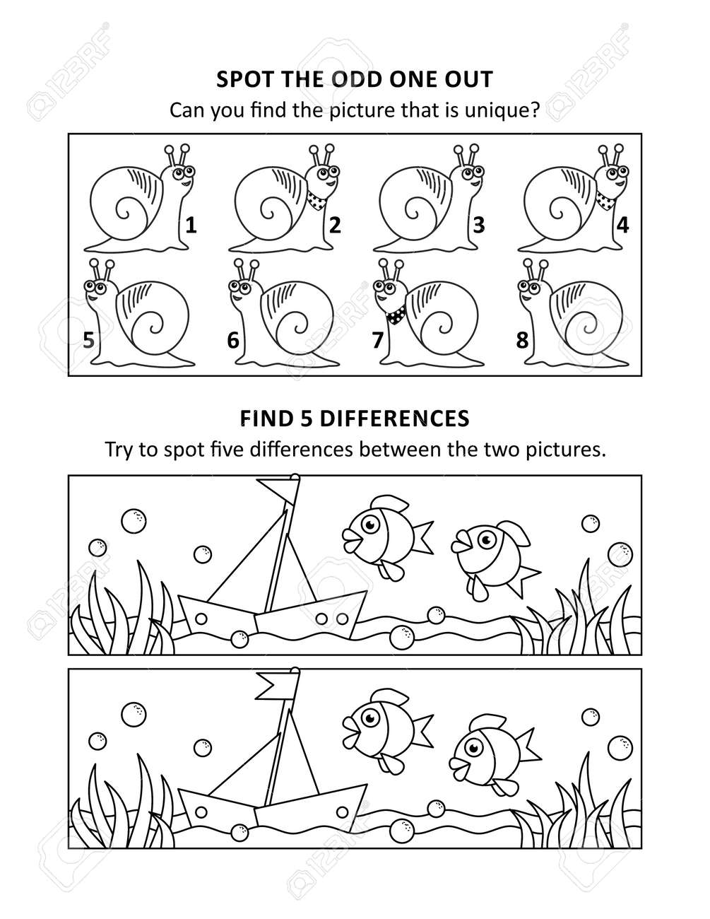 Activity sheet for kids with two visual puzzles also can be used as coloring page printable fit letter or a paper royalty free svg cliparts vectors and stock illustration image