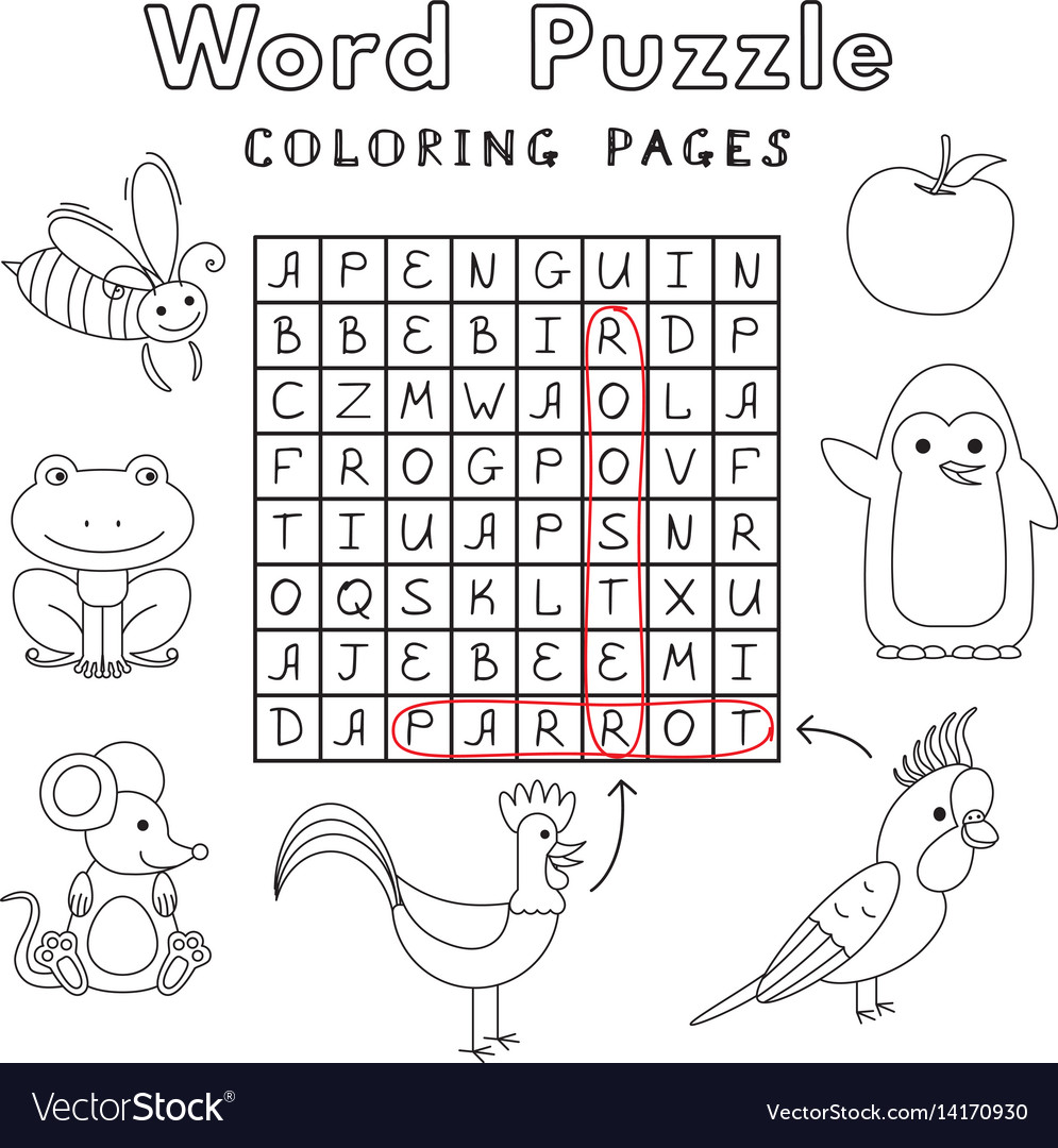 Funny animals coloring book word puzzle royalty free vector