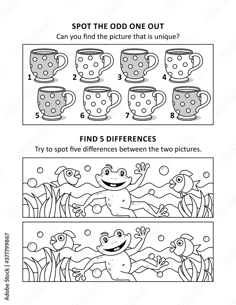 Activity sheet for kids with two visual puzzles also can be used as coloring page printable fit letter or a paper vector